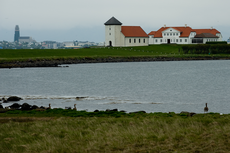 Huizen in IJsland aan het water bij een grauwe lucht