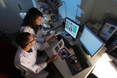 Twee wetenschappers doen onderzoek in een laboratorium en kijken naar een computerscherm