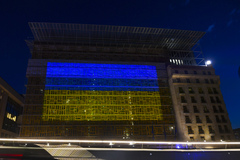 Europa Building illuminated with UA flag for the UA Independence Day 